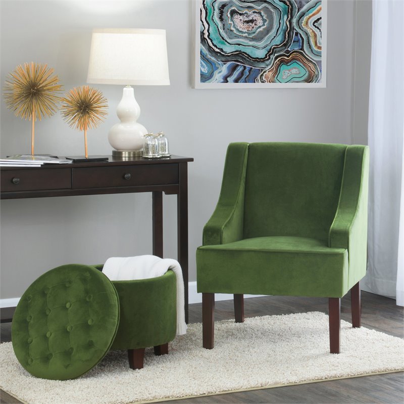 Pemberly Row Traditional Wood and Velvet Swoop Arm Accent Chair in Green