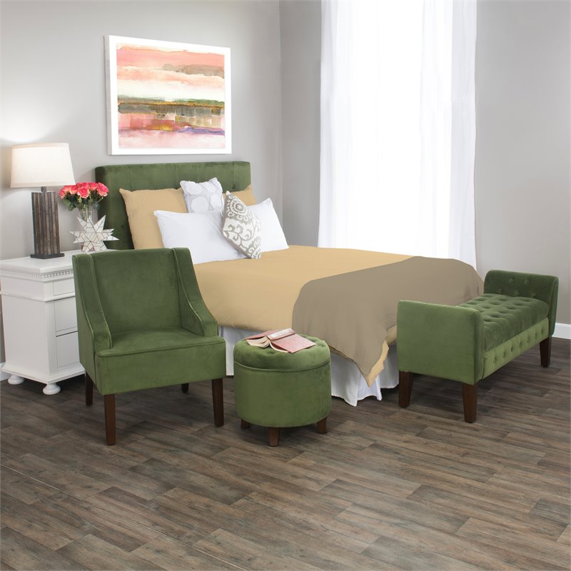 Pemberly Row Traditional Wood and Velvet Swoop Arm Accent Chair in Green