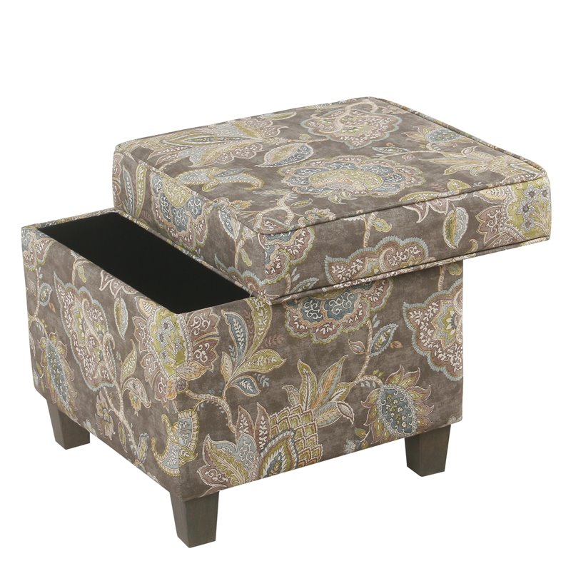 Pemberly Row Square Fabric Floral Pattern Ottoman with Lift Off Lid - Brown/Gray