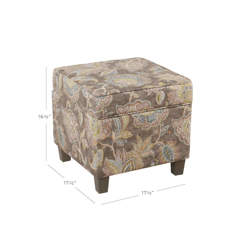 Pemberly Row Square Fabric Floral Pattern Ottoman with Lift Off Lid - Brown/Gray