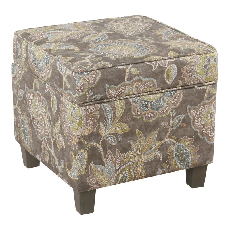 Pemberly Row Square Fabric Floral Pattern Ottoman with Lift Off Lid - Brown/Gray