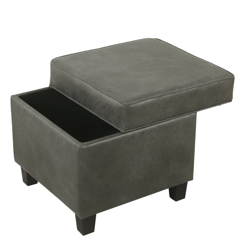 Pemberly Row Square Transitional Faux Leather Ottoman with Lift Off Top in Gray