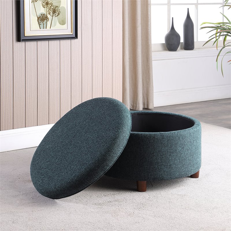 Pemberly Row Round Transitional Fabric Large Storage Ottoman in Textured Navy