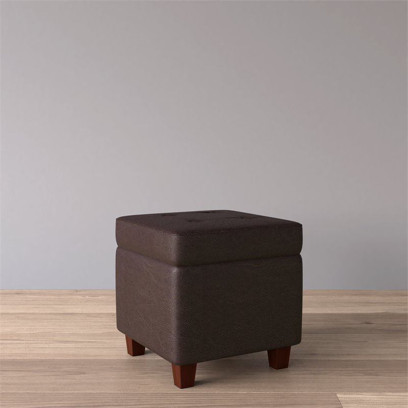 Pemberly Row Square Transitional Wood and Faux Leather Storage Ottoman in Brown
