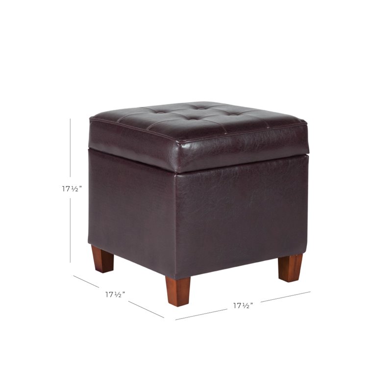 Pemberly Row Square Transitional Wood and Faux Leather Storage Ottoman in Brown