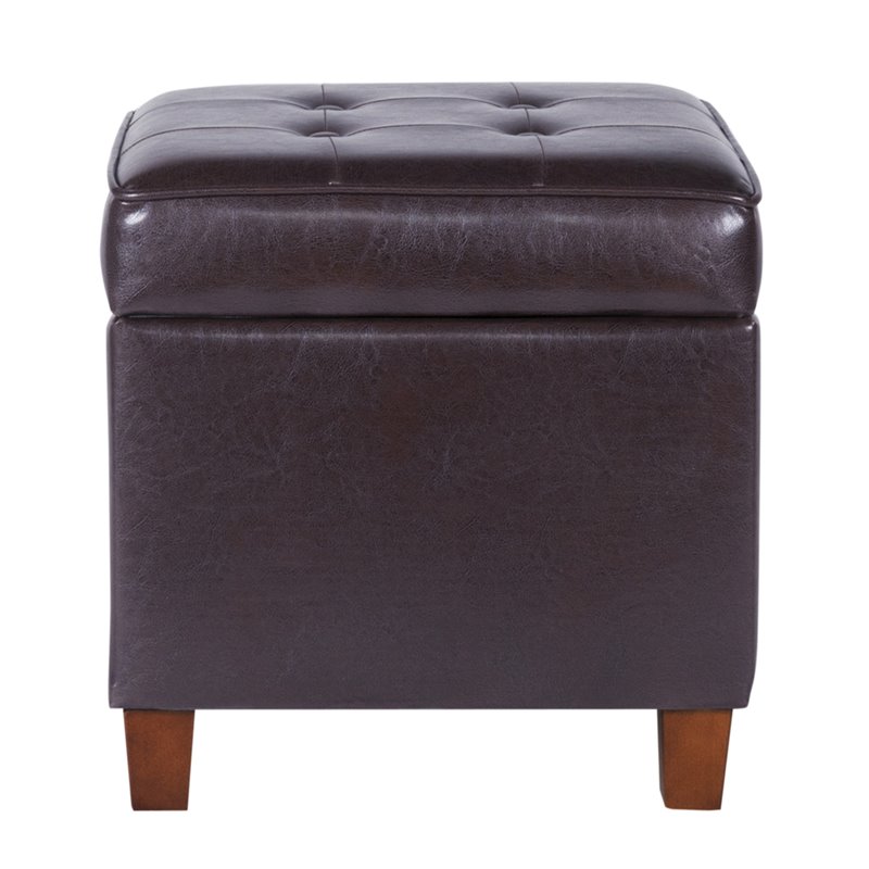Pemberly Row Square Transitional Wood and Faux Leather Storage Ottoman in Brown