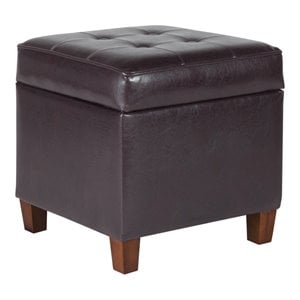 Pemberly Row Square Transitional Wood and Faux Leather Storage Ottoman in Brown