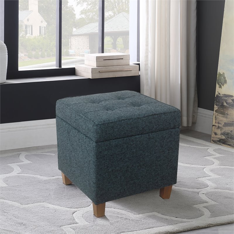 Pemberly Row Square Wood and Fabric Storage Ottoman in Textured Navy