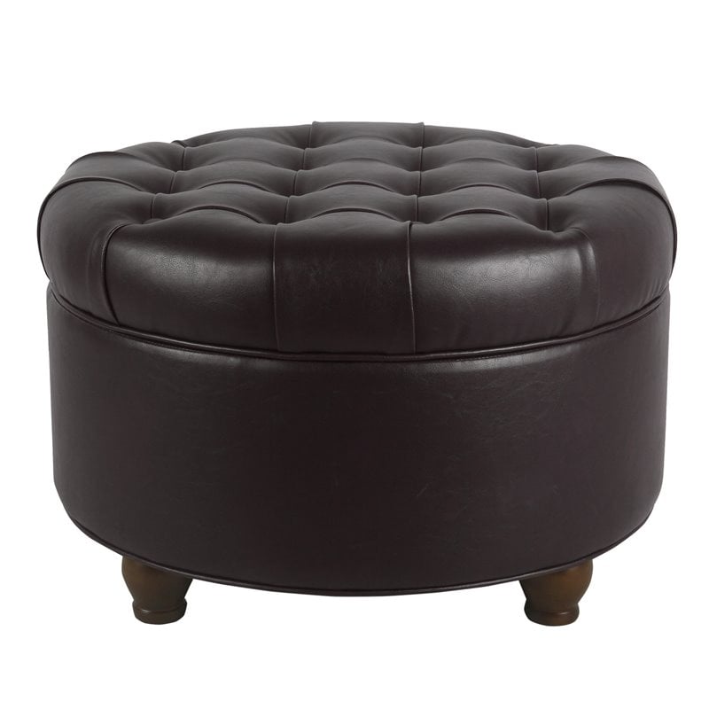 Pemberly Row Round Wood & Faux Leather Large Storage Ottoman in Brown
