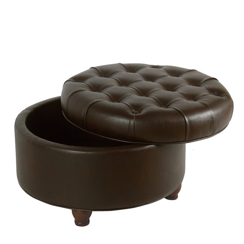 Pemberly Row Round Wood & Faux Leather Large Storage Ottoman in Brown