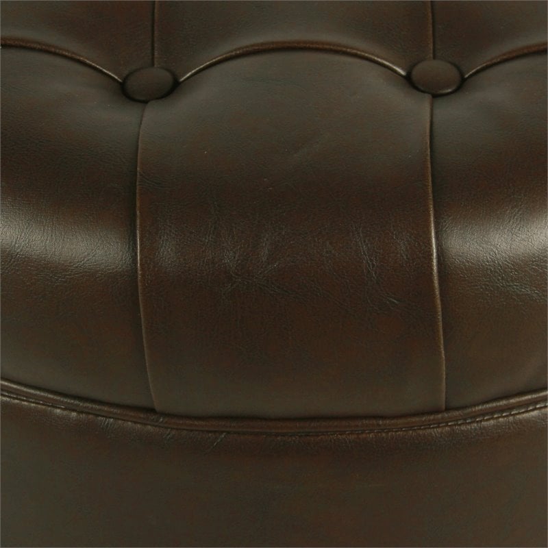 Pemberly Row Round Wood & Faux Leather Large Storage Ottoman in Brown