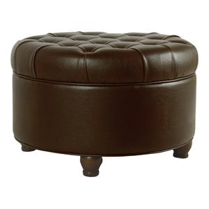 Pemberly Row Round Wood & Faux Leather Large Storage Ottoman in Brown
