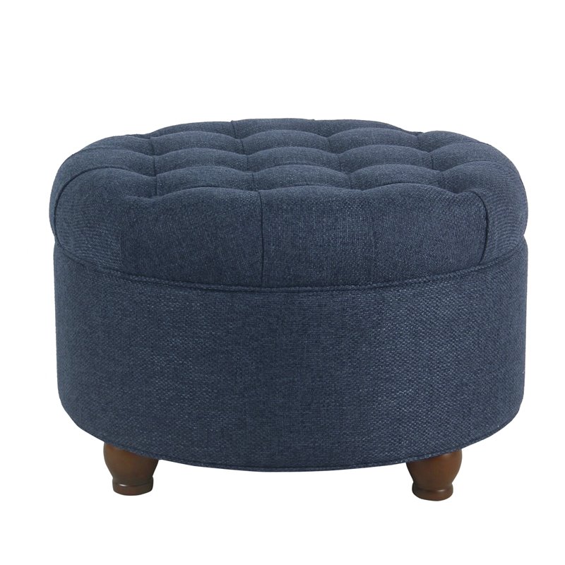 Pemberly Row Round Wood & Fabric Large Storage Ottoman in Navy Blue