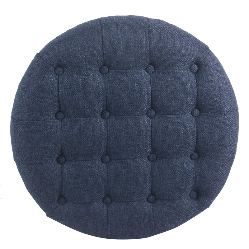 Pemberly Row Round Wood & Fabric Large Storage Ottoman in Navy Blue