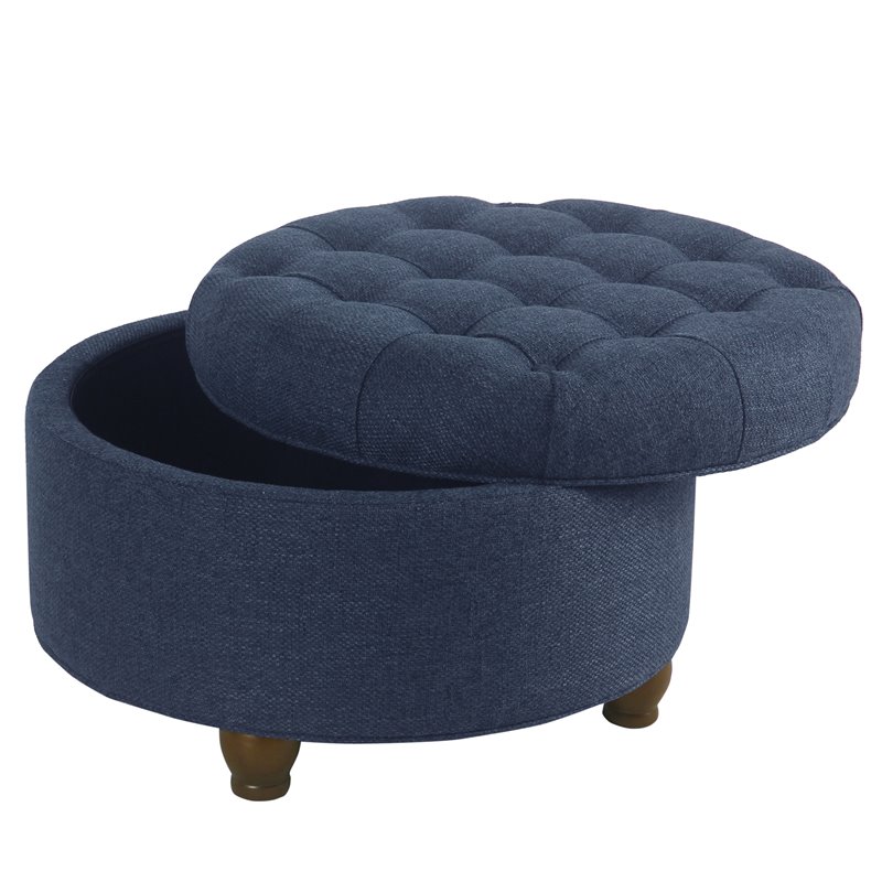 Pemberly Row Round Wood & Fabric Large Storage Ottoman in Navy Blue