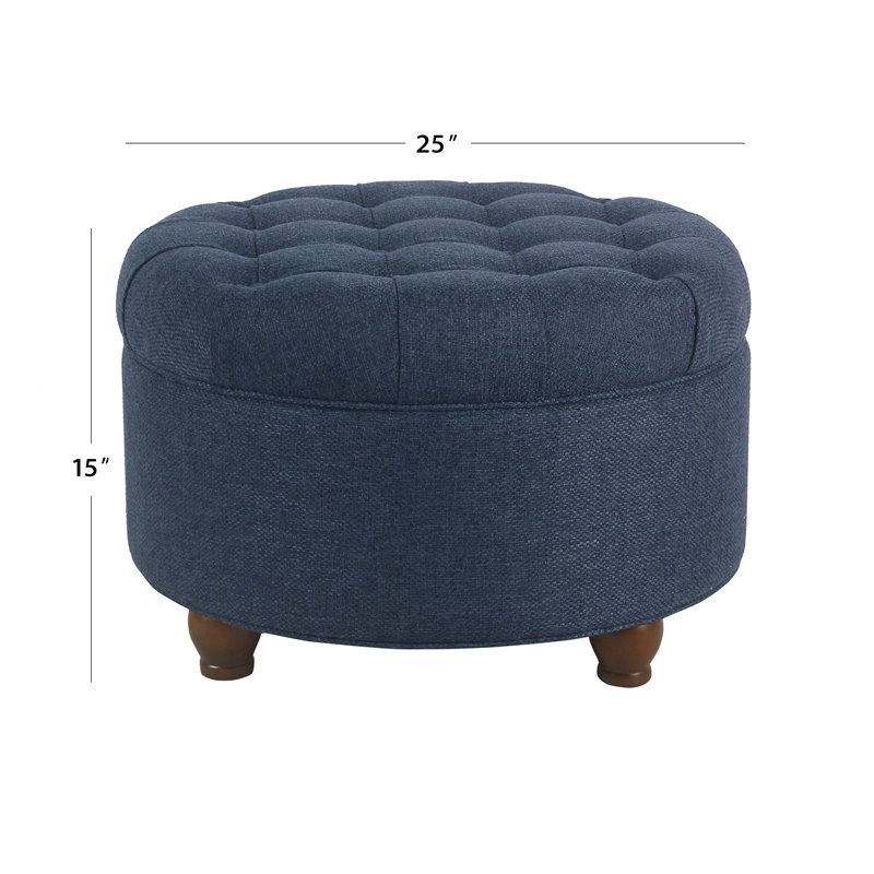 Pemberly Row Round Wood & Fabric Large Storage Ottoman in Navy Blue
