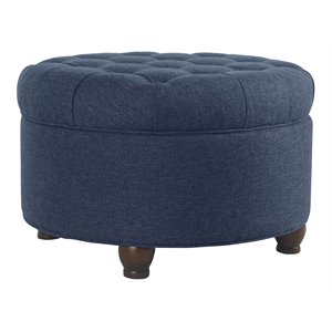 Pemberly Row Round Wood & Fabric Large Storage Ottoman in Navy Blue