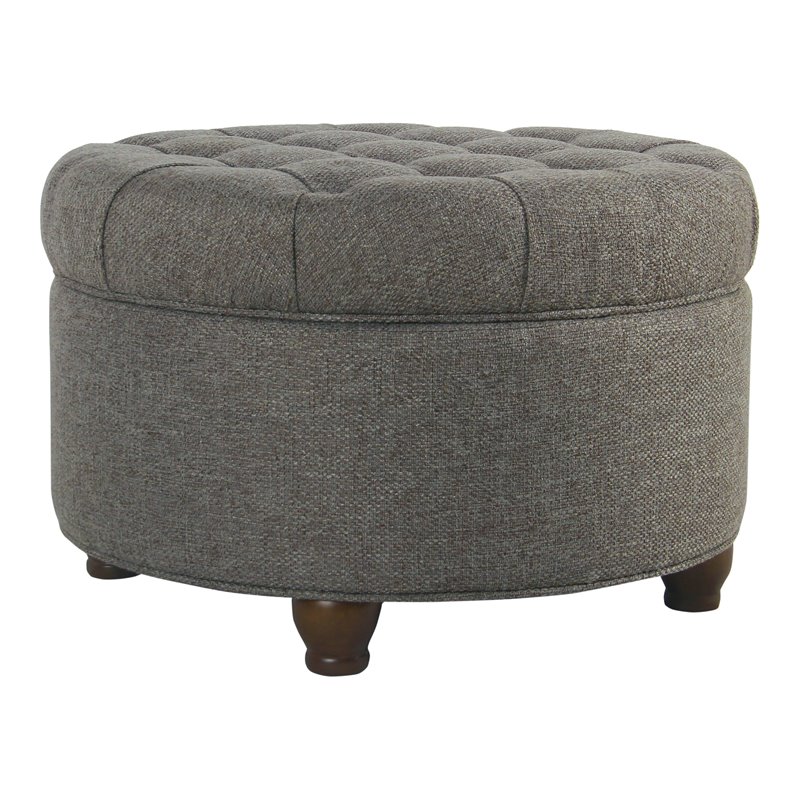 Pemberly Row Round Traditional Wood and Fabric Large Storage Ottoman in Gray