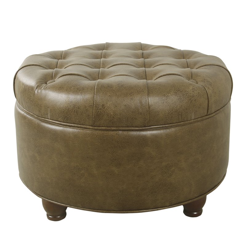 Pemberly Row Round Faux Leather Large Storage Ottoman in Distressed Brown