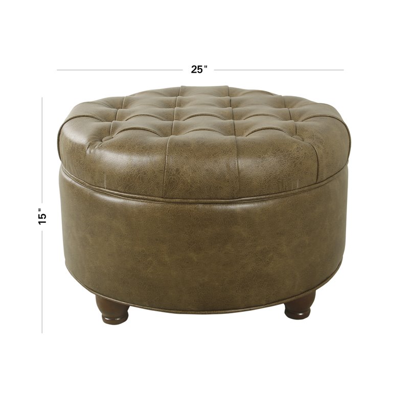 Pemberly Row Round Faux Leather Large Storage Ottoman in Distressed Brown