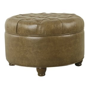 Pemberly Row Round Faux Leather Large Storage Ottoman in Distressed Brown
