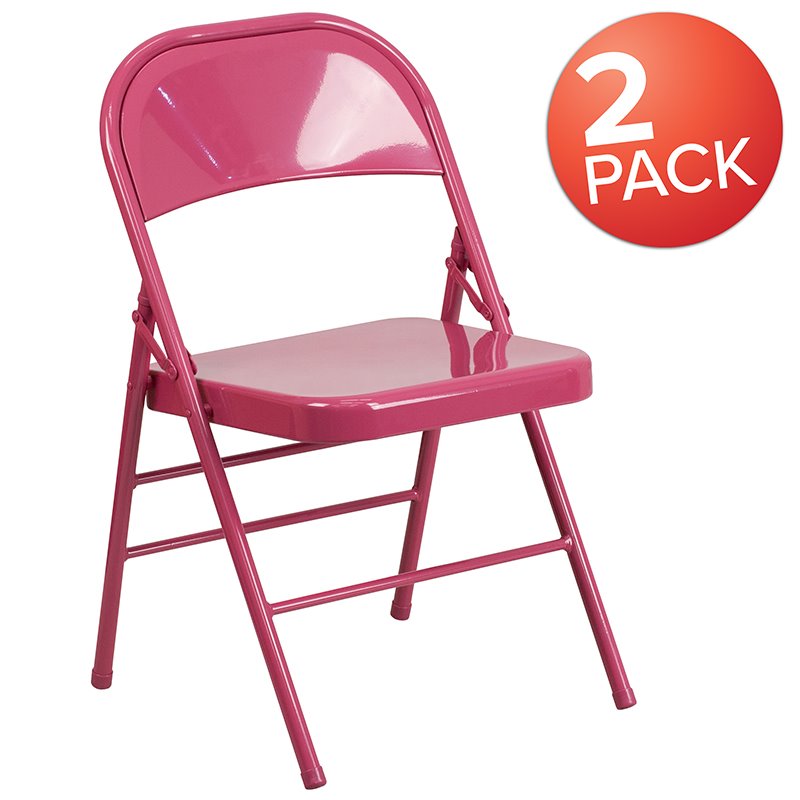 Pemberly Row Hercules Colorburst Metal Folding Chair in Pink (Set of 2)