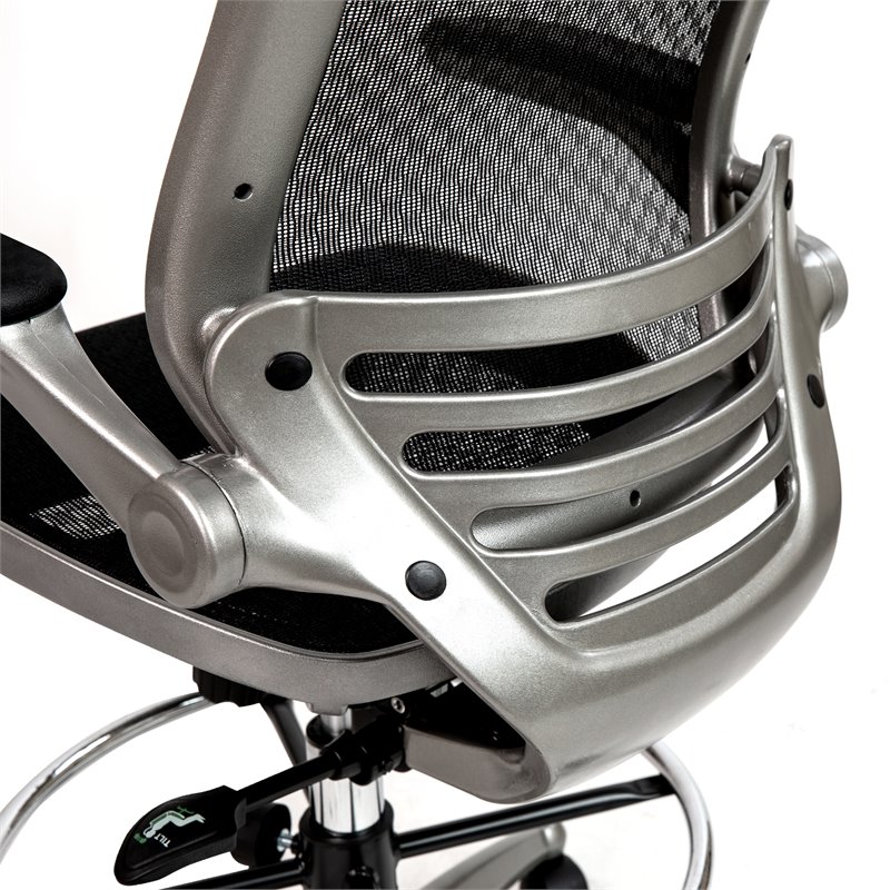 Pemberly Row Metal Drafting Chair with Flip-Up Arms in Black/Graphite Silver