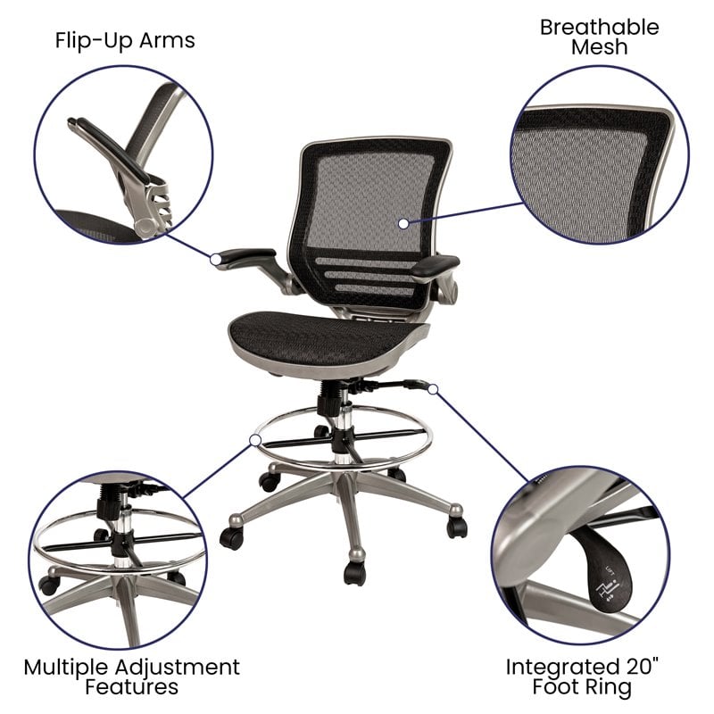 Pemberly Row Metal Drafting Chair with Flip-Up Arms in Black/Graphite Silver