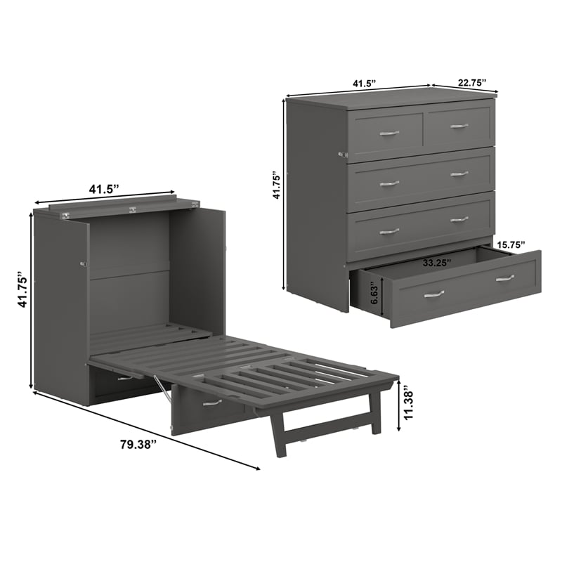 Pemberly Row Twin XL Solid Wood Modern Murphy Bed Chest with Mattress in Gray