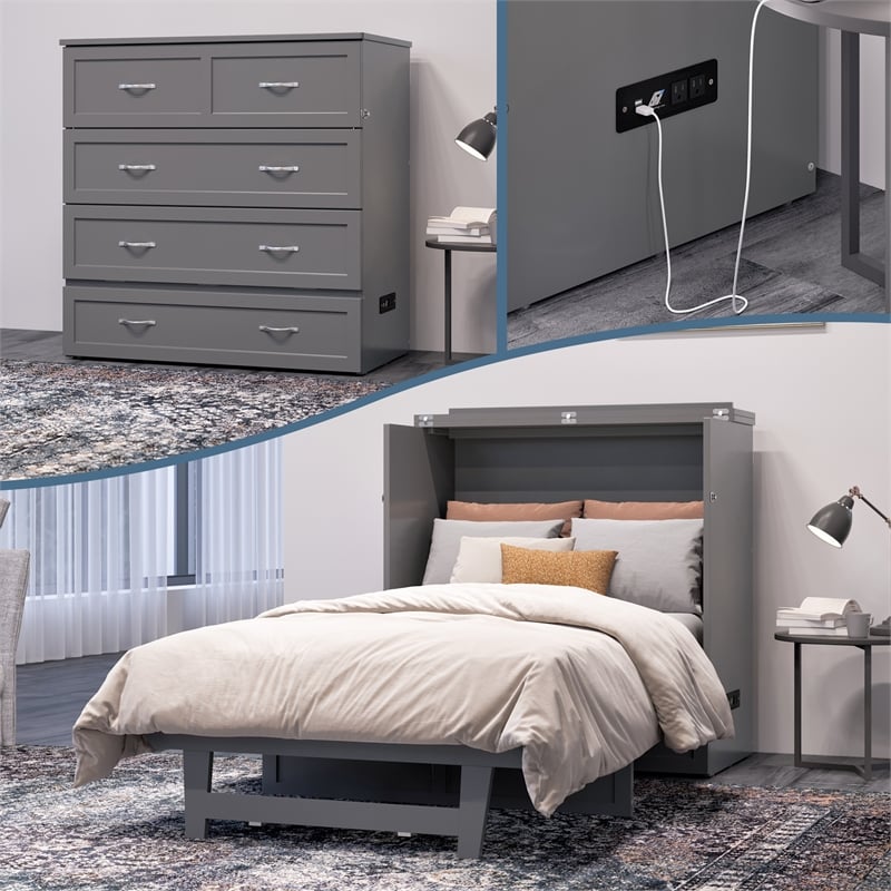 Pemberly Row Twin XL Solid Wood Modern Murphy Bed Chest with Mattress in Gray
