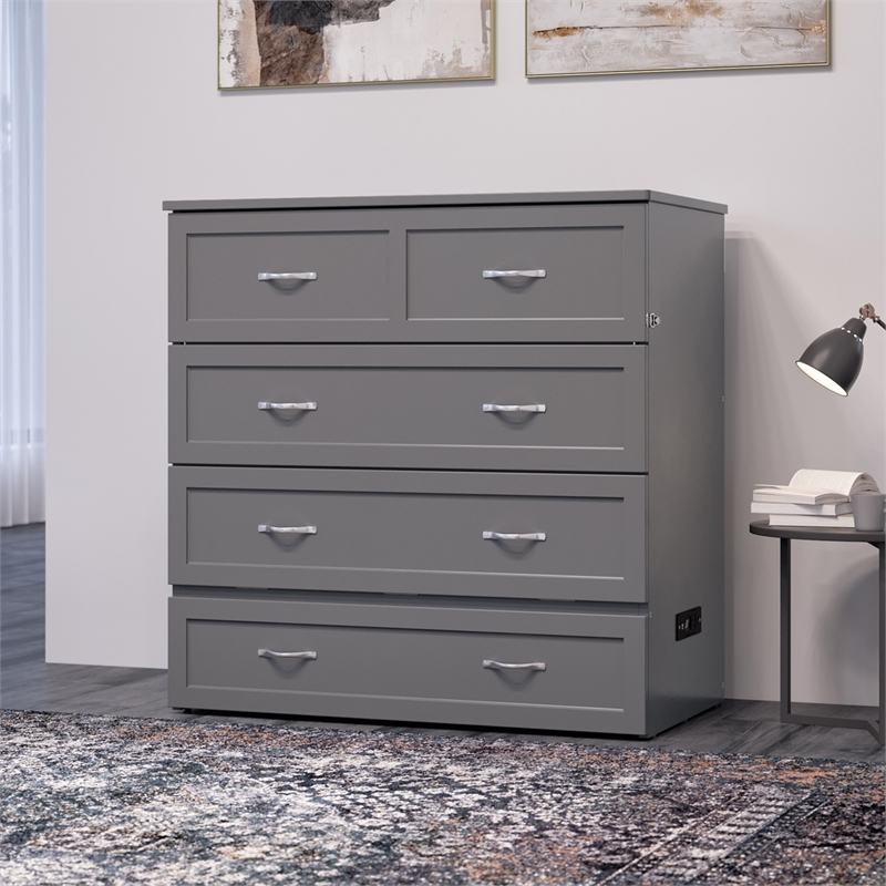 Pemberly Row Twin XL Solid Wood Modern Murphy Bed Chest with Mattress in Gray