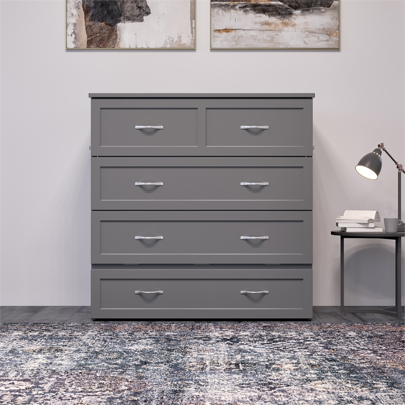 Pemberly Row Twin XL Solid Wood Modern Murphy Bed Chest with Mattress in Gray