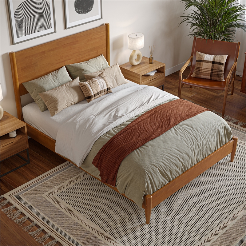 Pemberly Row Full Solid Wood Low Profile Platform Bed in Light Toffee