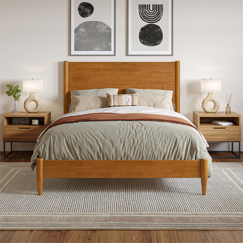 Pemberly Row Full Solid Wood Low Profile Platform Bed in Light Toffee
