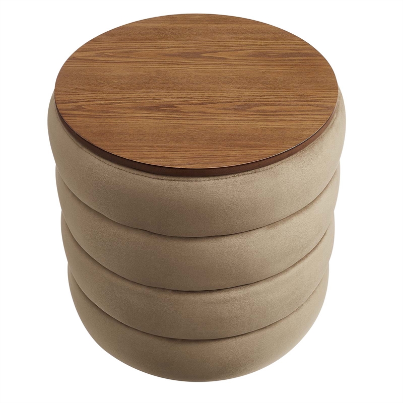 Pemberly Row Modern Round Performance Velvet Storage Ottoman in Taupe