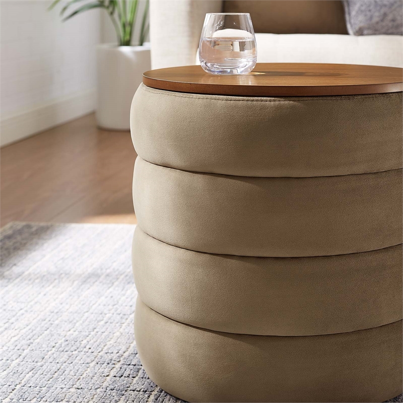 Pemberly Row Modern Round Performance Velvet Storage Ottoman in Taupe