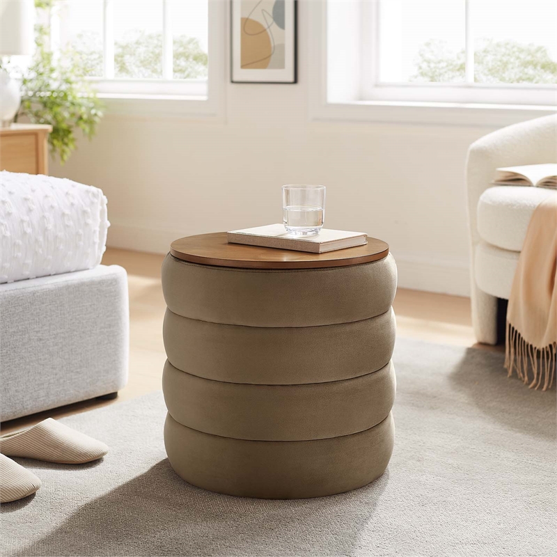 Pemberly Row Modern Round Performance Velvet Storage Ottoman in Taupe