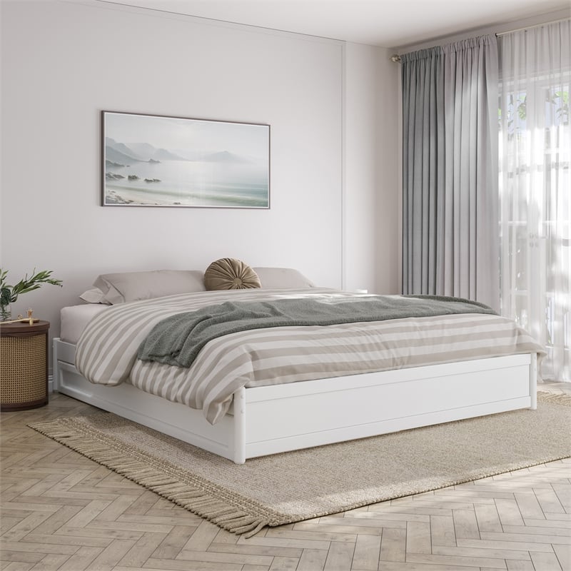 Pemberly Row King Solid Wood Panel Platform Bed with Twin XL Trundle in White