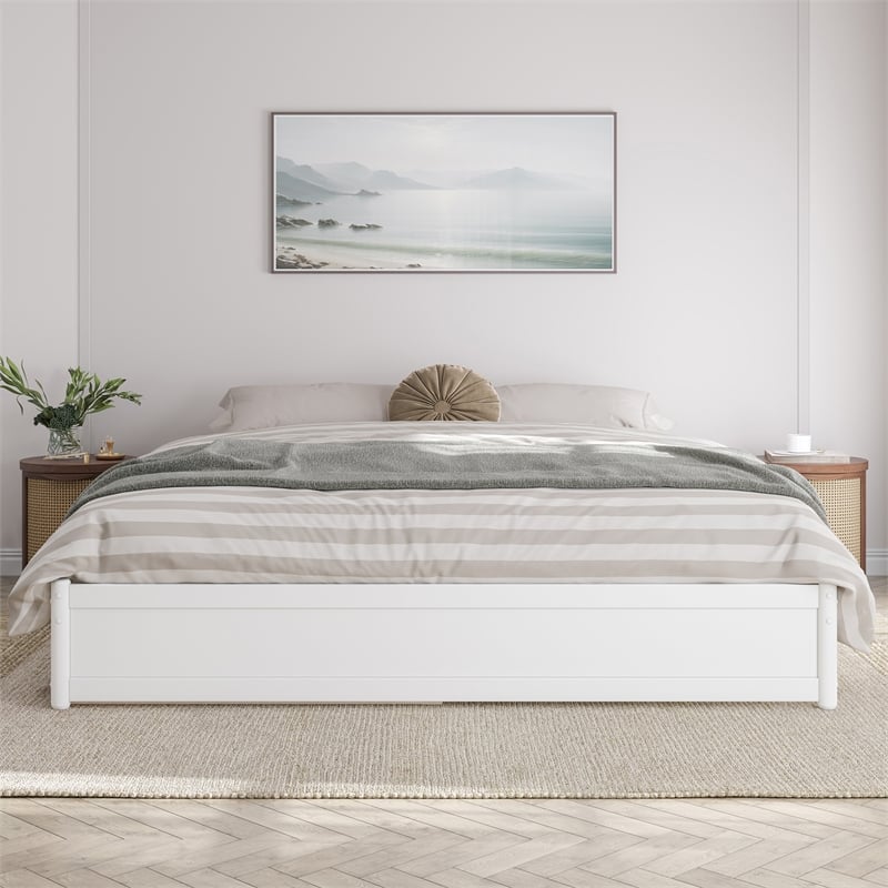 Pemberly Row King Solid Wood Panel Platform Bed with Twin XL Trundle in White