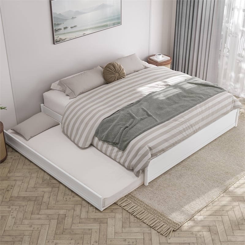 Pemberly Row King Solid Wood Panel Platform Bed with Twin XL Trundle in White