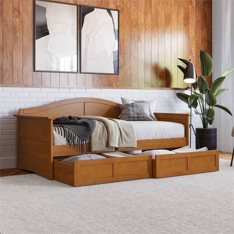 Pemberly Row Mid-Century Wood Twin Daybed with Set of 2-Drawers in Light Toffee