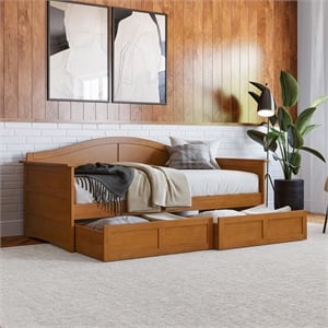 Pemberly Row Mid-Century Wood Twin Daybed with Set of 2-Drawers in Light Toffee