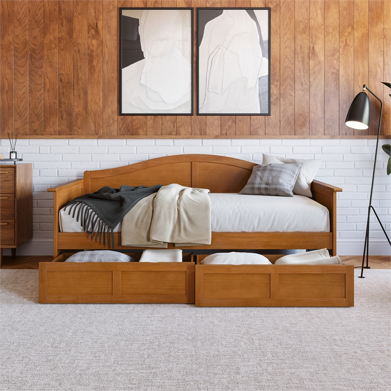 Pemberly Row Mid-Century Wood Twin Daybed with Set of 2-Drawers in Light Toffee