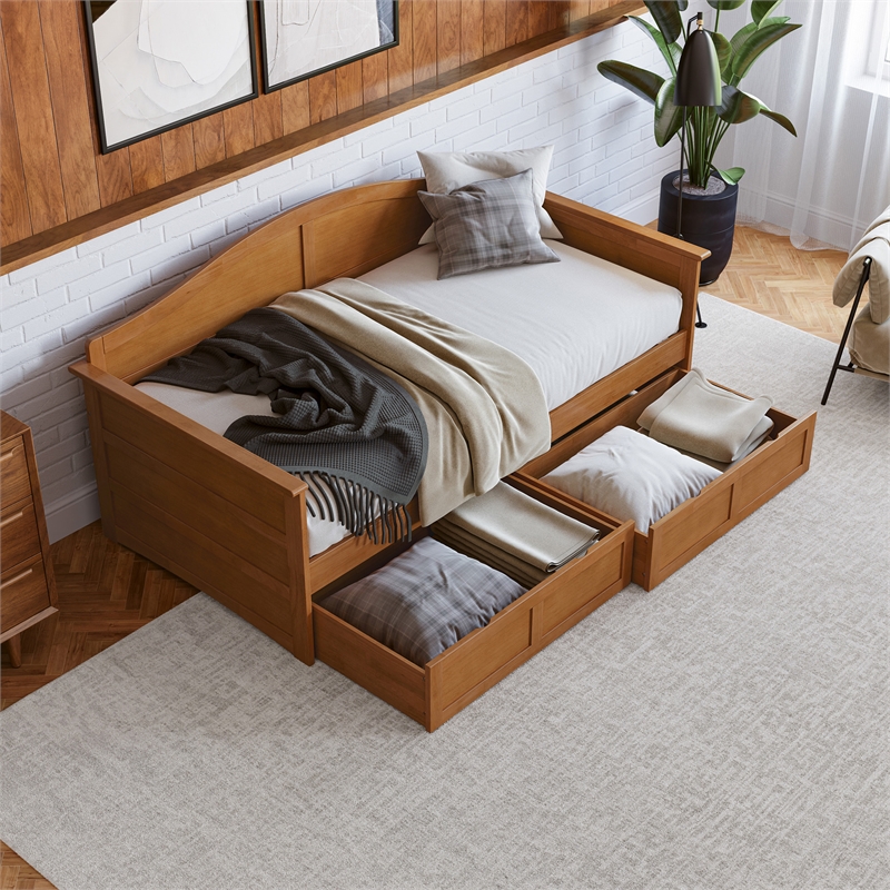 Pemberly Row Mid-Century Wood Twin Daybed with Set of 2-Drawers in Light Toffee