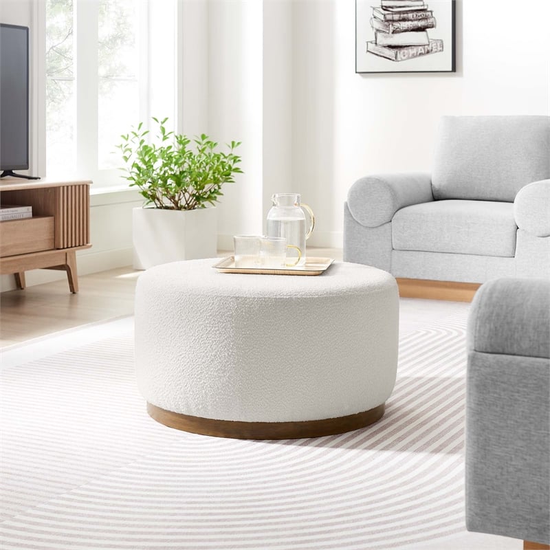 Pemberly Row Modern Fabric Ottoman in Cloud White and Walnut