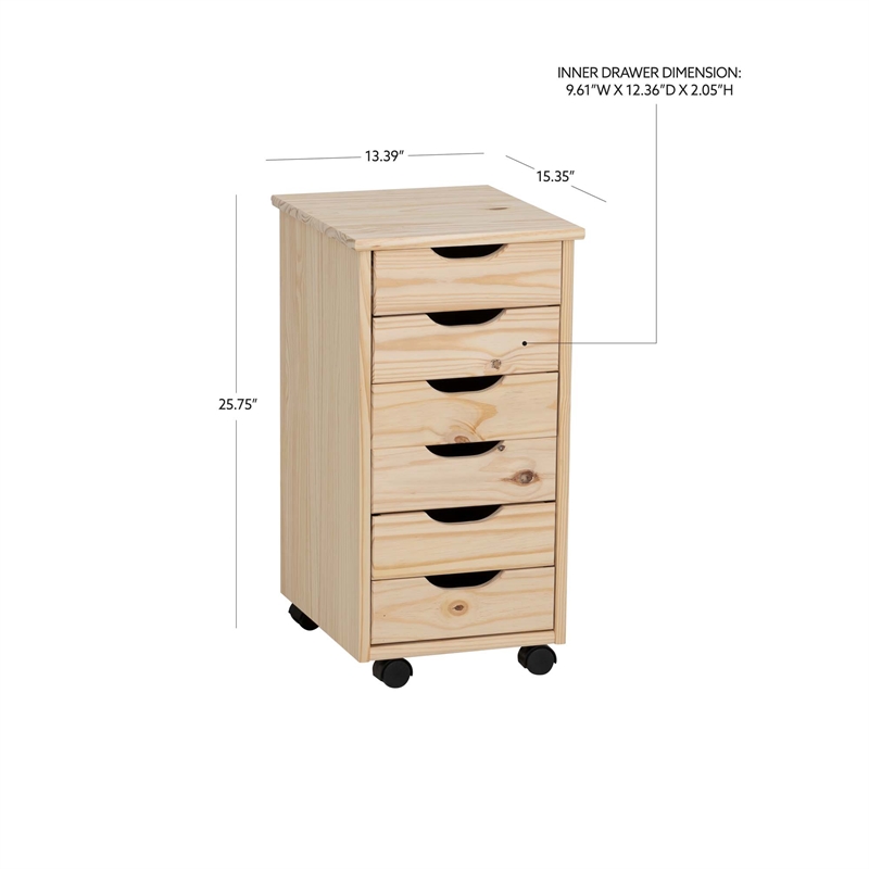 Pemberly Row 6-Drawer Unfinished Pine Wood Rolling Storage Cart Recessed Handles