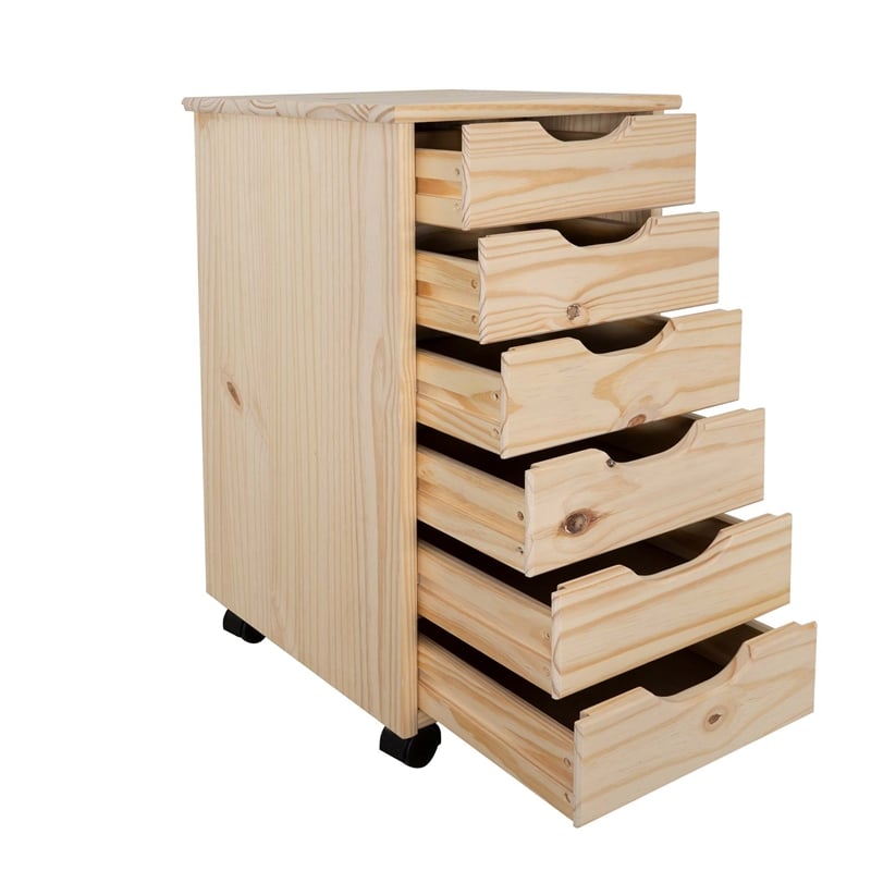Pemberly Row 6-Drawer Unfinished Pine Wood Rolling Storage Cart Recessed Handles