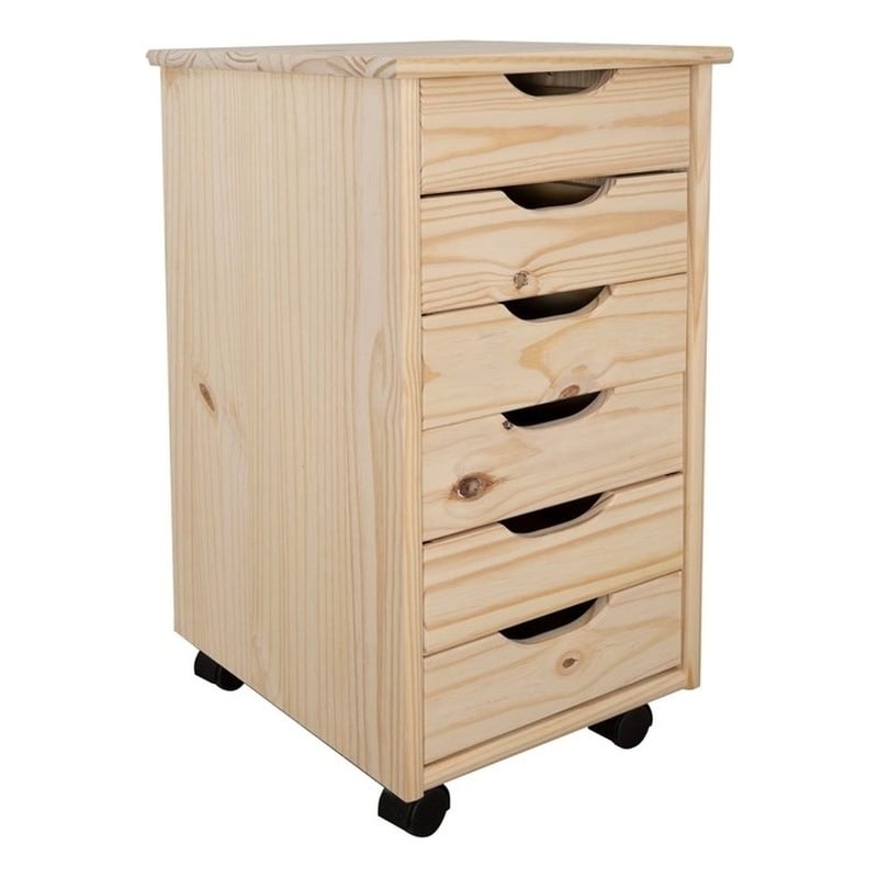 Pemberly Row 6-Drawer Unfinished Pine Wood Rolling Storage Cart Recessed Handles