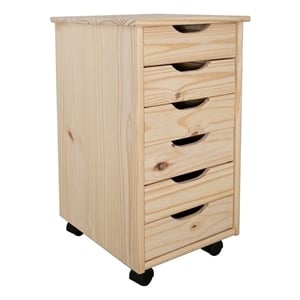 Pemberly Row 6-Drawer Unfinished Pine Wood Rolling Storage Cart Recessed Handles