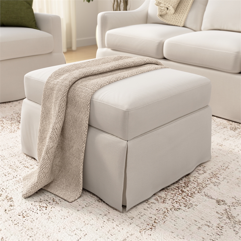 Pemberly Row Storage Ottoman with Tray and Slipcover in Ivory Basketweave Fabric